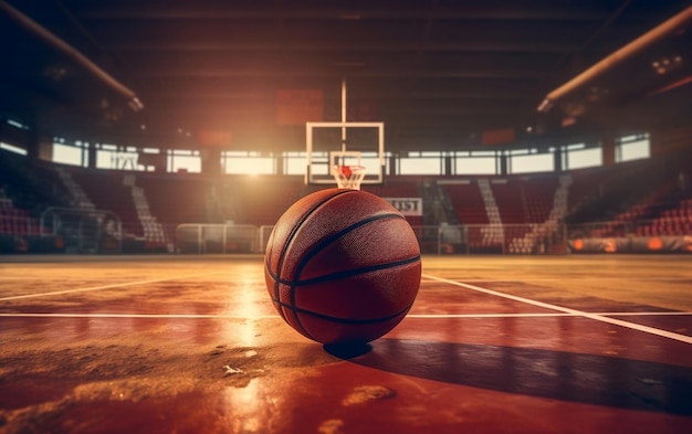 Foto juego con una pelota de baloncesto frente a un aro moderno con ia generativa