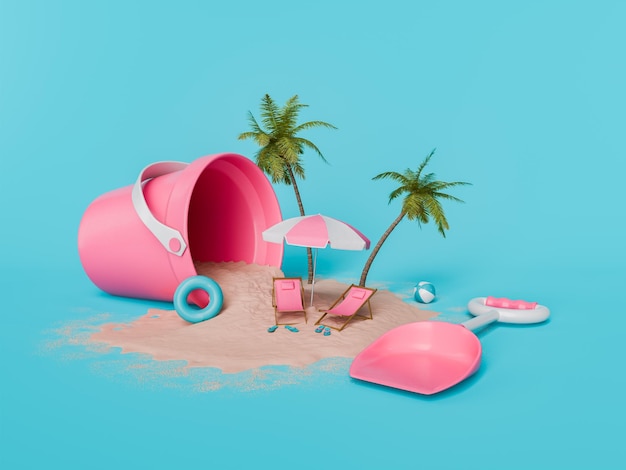 Juego de playa surrealista con cubo rosa y accesorios sobre fondo azul