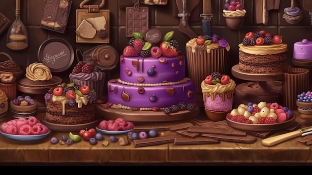 Un juego de postres con un pastel en la mesa.