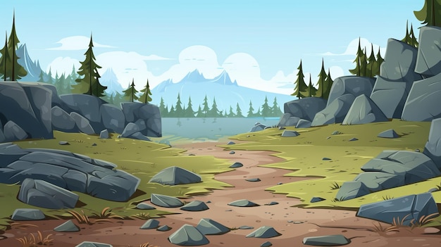 Foto juego de prehistoria de dibujos animados 2d asset bog con árboles y colinas