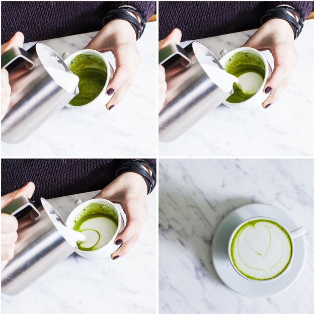 Juego de preparación de té matcha capuchino.