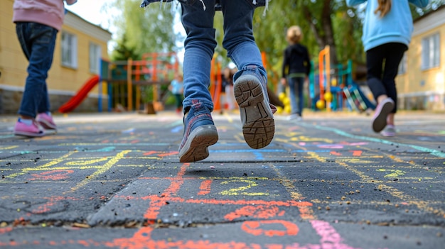 Un juego de salto en un patio de juegos de la escuela con números de tiza y cuadrados que representan la inocencia de la infancia y los niños que se divierten durante el recreo o después de la escuela