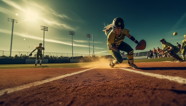 Juego de softbol en la foto de campo Concepto de softbol