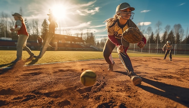 Juego de softbol en la foto de campo Concepto de softbol