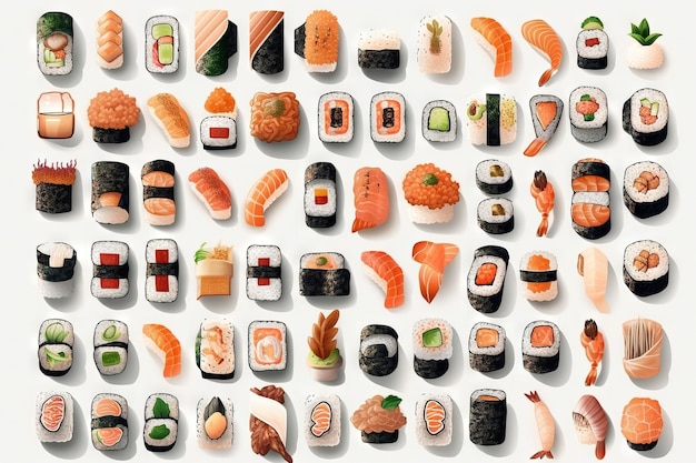 Juego de sushi Colección de tontos rápidos en estilo asiático Rollos de shushi y arroz clásicos AI generado