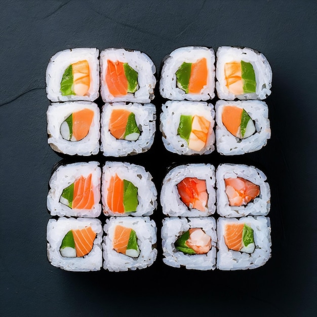 El juego de sushi kappa maki cangrejo maki philadelphia maki con camarones ebi maki vista superior