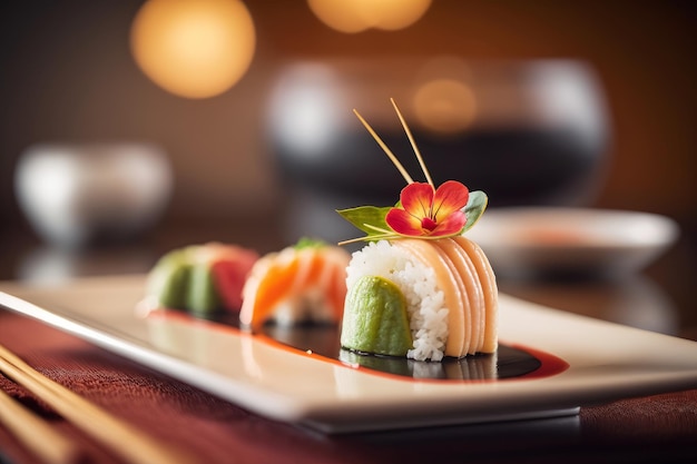 Foto un juego de sushi nigiri en un plato de lujo comida tradicional japonesa