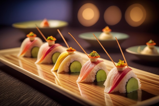 Foto un juego de sushi nigiri en un plato de lujo comida tradicional japonesa