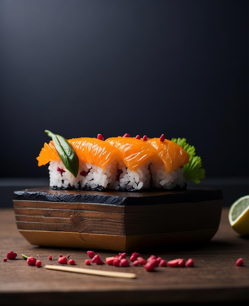 Un juego de sushi con salmón encima.