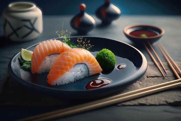 Juego de sushi sashimi con palillos y salsa de soja sobre un fondo oscuro Generación AI