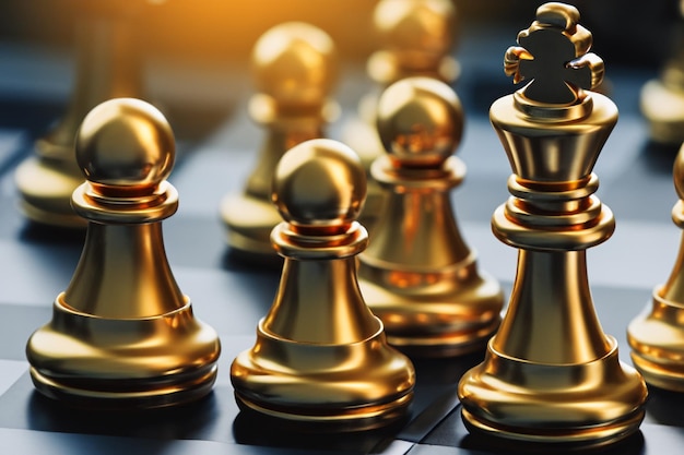 Juego de tablero de ajedrez con un líder dorado que dedica fuerza y dominio.