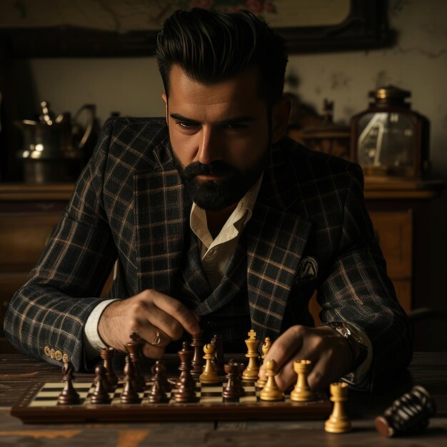 Juego de tablero de ajedrez del rey Vista de piezas de ajedres con fondo dramático y místico