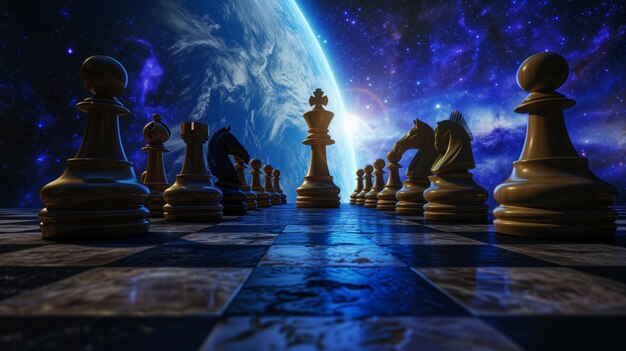 Juego de tablero de ajedrez del rey Vista de piezas de ajedres con fondo dramático y místico