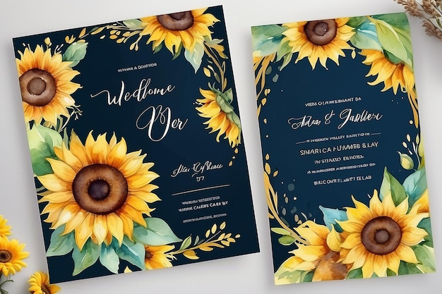 Foto juego de tarjetas de invitación de boda de girasoles de acuarela