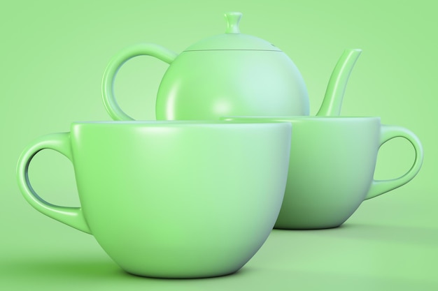 Juego de té de cerámica verde Tetera y dos tazas