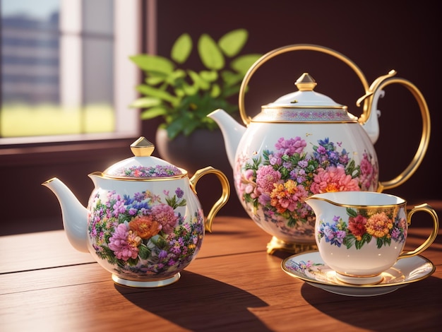 Un juego de té con un diseño floral en el frente.