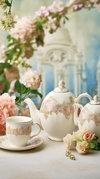 Un juego de té con un diseño floral en el frente.