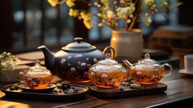 Un juego de té está sentado en una mesa de madera junto a un jarrón de flores