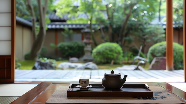 Un juego de té japonés tradicional se sienta en una alfombra de tatami en una habitación con vista a un jardín Zen