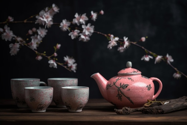 Juego de té y rama de sakura