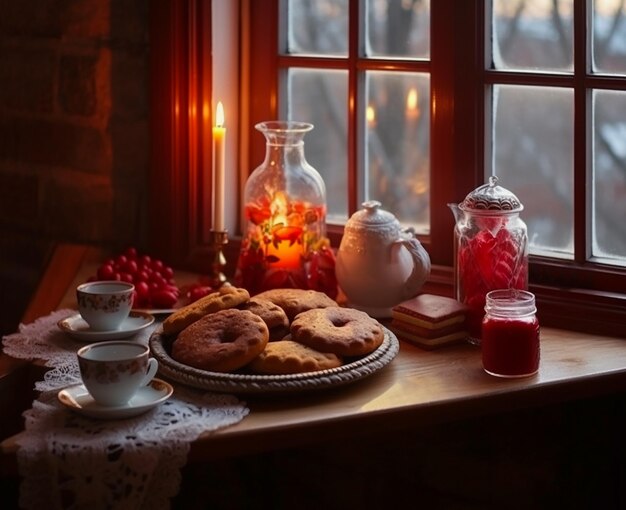 Juego de té rojo y galletas navideñas en la mesa junto a la ventana al atardecer