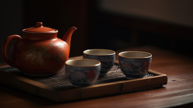 Un juego de té con una taza de té y tazas de té sobre una mesa