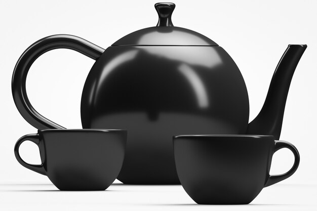 Juego de té: tetera y dos tazas. Tema del té.