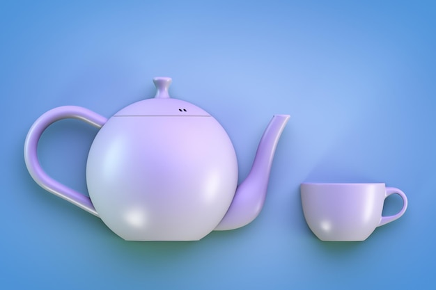 Un juego de té Tetera y taza sobre fondo azul.