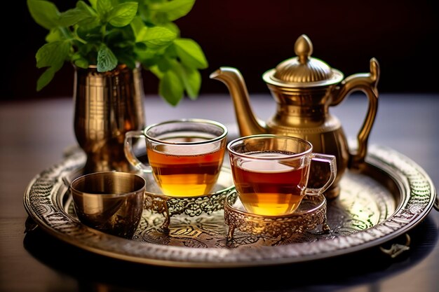 Juego de té tradicional marroquí con teteras decorativas, vasos y hojas de  menta.