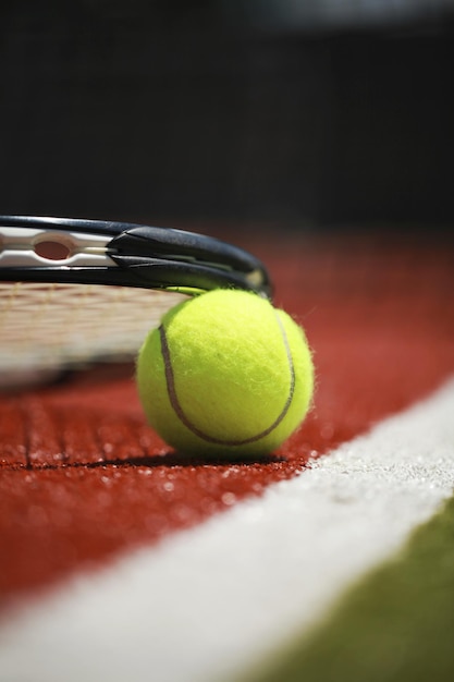 Juego de tenis. Pelota de tenis y raqueta en el fondo de la cancha