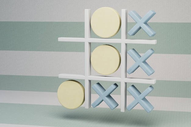 Foto juego de tic-tac-toe sobre un fondo rayado blanco y verde. procesamiento 3d ilustración 3d