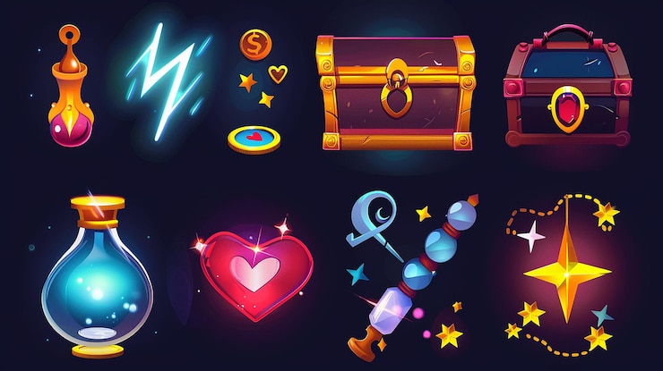 Foto juego ui icono conjunto con moneda de cofre y corazón