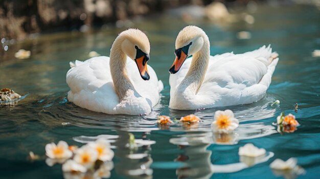 Juegos de apareamiento Pares de cisnes blancos nadando Imagen de fondo