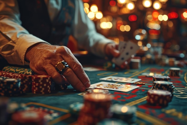 Juegos de azar en una mesa de casino con crupier y fichas