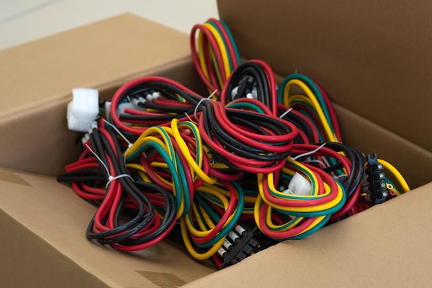 Juegos de cables multicolores con conectores en caja de embalaje