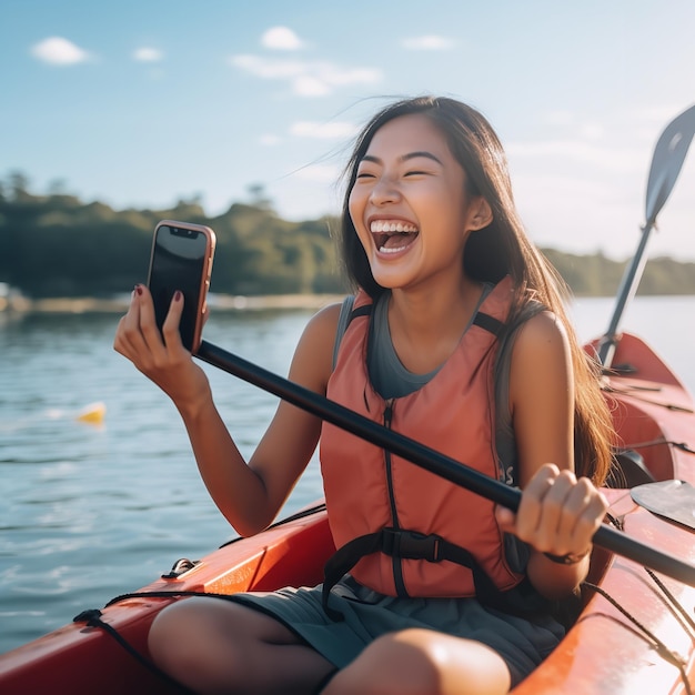 Jüngere asiatische Frau mit Smartphone in der Hand sitzt auf einem Boot im Meer Ai generative