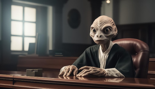 Juez alienígena humanoide en la sala del tribunal