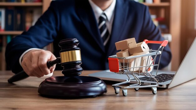 Foto juez martillo y carrito de compras con cajas de tarjetas en un concepto de sanciones portátil