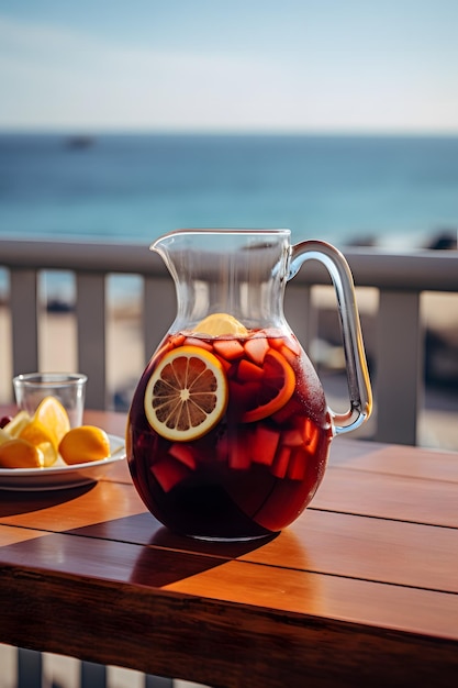 Jug de sangria en una terraza con el mar en el fondo.