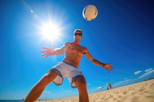 Jugador de acción de voleibol saltando por la pelota en un día soleado