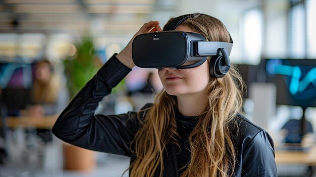 Jugador adolescente usando auriculares de realidad virtual que ilustra el concepto de tecnología de realidad virtual