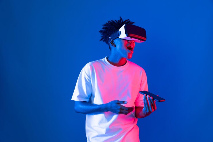 Foto jugador afroamericano que usa vr usando el teléfono juega al juego de pared de neón contrivance