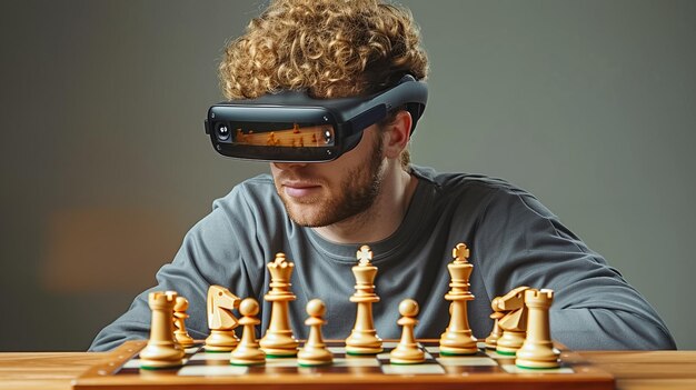 Foto jugador de ajedrez corriendo jugando un juego de ajedres con gafas de sol de realidad virtual