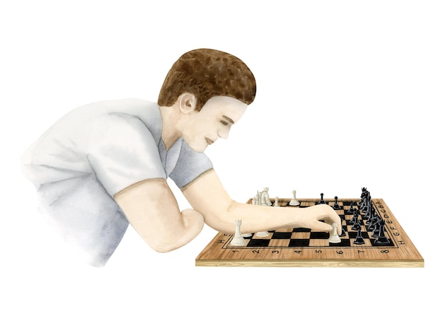 Jugador de ajedrez haciendo movimiento con ilustración de peón blanco Plantilla de juego de mesa de juego de hombre dibujado a mano