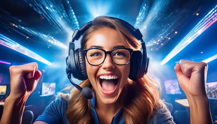 Un jugador alegre celebra la victoria en el campeonato de eSports