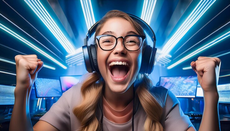 Un jugador alegre celebra la victoria en el campeonato de eSports