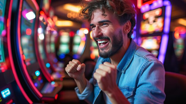Foto un jugador alegre celebrando una ganancia en efectivo en las animadas máquinas tragamonedas del casino rodeado de luces vibrantes