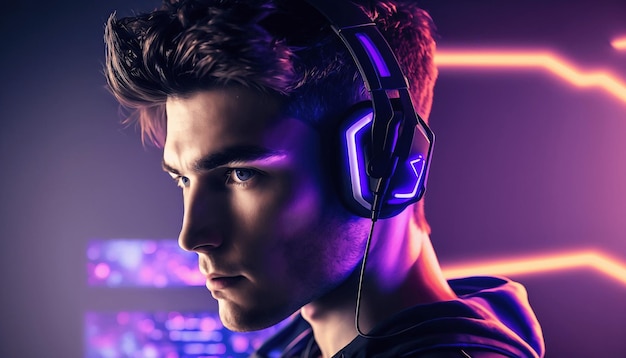 Jugador con auriculares para juegos jugando videojuegos en una sala de juegos con luces de neón