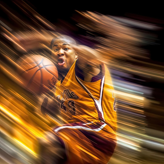 Jugador de baloncesto en acción aislado sobre fondo negro con efecto de desenfoque de movimiento