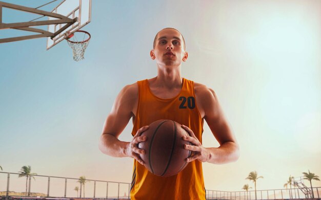 Jugador de baloncesto en acción al atardecer